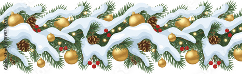 Create a christmas garland of fir branches and golden balls strangled by snow . Seamless banner, can be extended to desired size. vector art with white background.