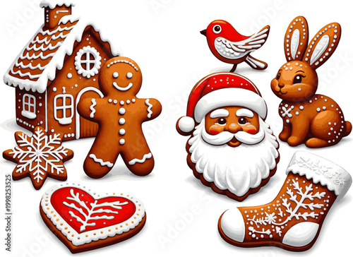 Create a realistic Christmas gingerbread cookies. Winter homemade xmas sweets in shape of house and gingerbread man, star and snowflake, santa and heart, bird and rabbit and sock vector art .
