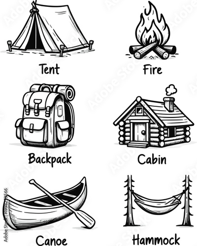 Create a Camping adventure doodle icon set. Cute hand drawn sketch of tent, fire, backpack, cabin, canoe, hammock. Black and white cartoon art for outdoor forest travel. vector art white background..