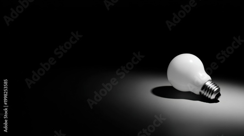 White Light Bulb Closeup Minimalist Solid Black Background Horizontally Placed Bottom Right Threaded Screw Base Directional Light Prominent Left Shadow Dark Still Life