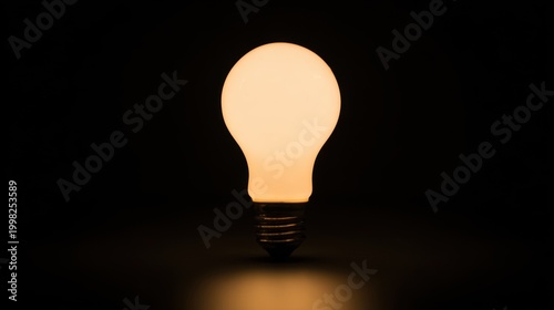 Centered Vertical Illuminated Frosted Light Bulb Creamy Orange Soft Glow Minimalist Solid Black Background Threaded Dark Metal Base Hazy Halo Dark Still Life Lighting Element