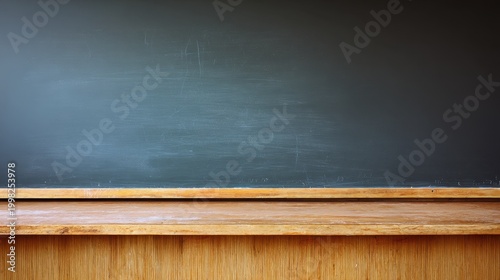 Wide Shot Distressed Used Blackboard With Wooden Frame Ledge Dark Gray Surface Blue White Chalk Dust Scratches Medium Brown Vertical Wood Paneling Retro Educational Design Element