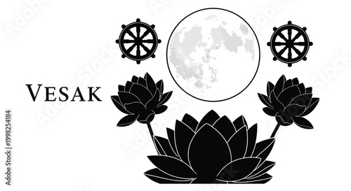 vesak celebration with lotus flowers and moon on white background