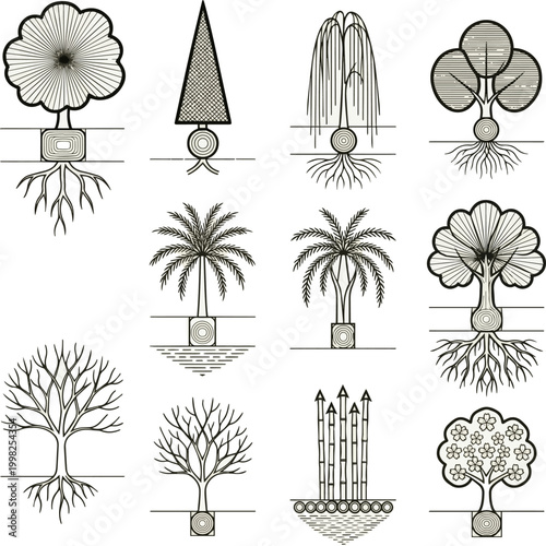 Create a realistic Architectural Drawings, Minimal style cad tree line drawing, Side view, set of section mountain forest outline symbol for landscape design drawing in stroke fill in Vector art .