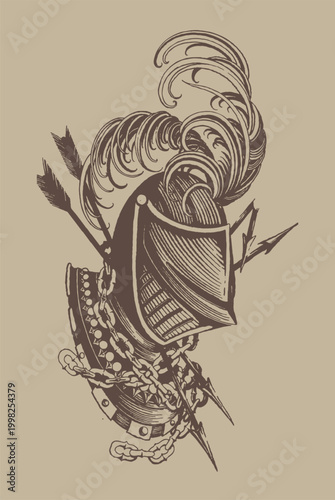 Medieval Armor Helmet With Arrows Piercing Through The Structure