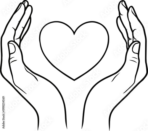 Create a realistic Black minimal line art illustration of heart between reaching hands, self-care, mental health, therapy, meditation, wellness symbol vector art with white background.