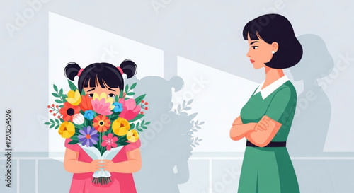 Sad child holding a bouquet of flowers facing an angry mother with arms crossed concept of apology and disappointment