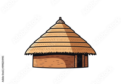 An illustration of a traditional rural hut with a thatched roof and wooden walls in a countryside setting.