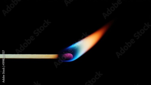 Horizontal Closeup Single Igniting Wooden Matchstick Solid Black Background Light Brown Wood Purple Matchhead Gradient Flame Blue White Orange Red Dark Moody Design Element