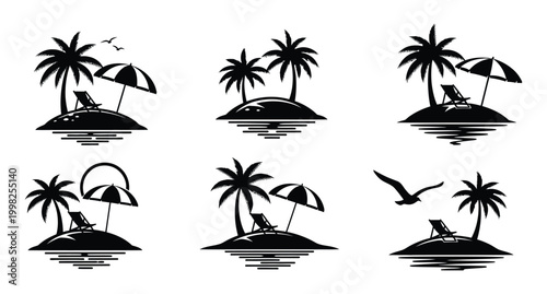 Tropical island silhouette collection palm trees beach chairs and relaxing scenes in black and white