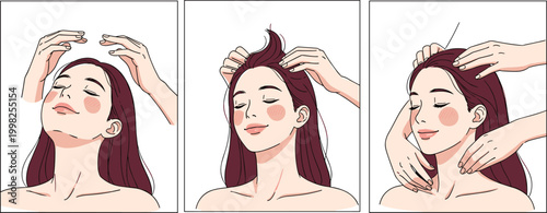 Scalp massage and hair care routine illustration showing relaxing head spa treatment, improving circulation and promoting healthy hair growth wellness concept