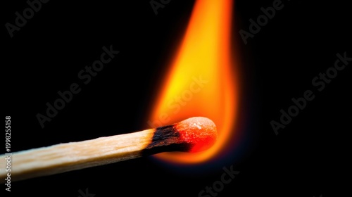 Macro Closeup Angled Burning Wooden Matchstick Solid Black Background Red Matchhead Bright Orange Yellow Flame Light Brown Wood Charred Black Warm Glow Design Element