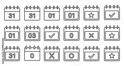 Collection of line art calendar icons with dates and symbols representing scheduling and time management concepts