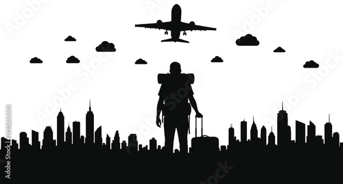 A silhouette of a traveler with luggage gazing at airplanes above a city skyline at dusk