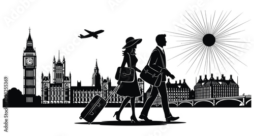 London silhouette a couple walking with big ben parliament and a plane in the background