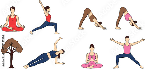 Yoga poses illustration set with women practicing meditation, stretching, and balance exercises for fitness, wellness, and healthy lifestyle concept