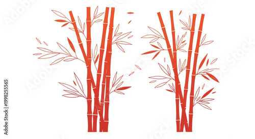 Red Bamboo Forest Silhouette, Eastern Art Style, Isolated on White Background