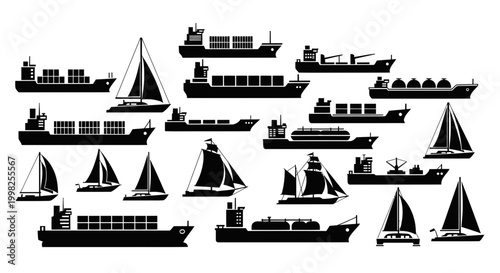 Silhouette Fleet of Cargo Ships and Sailboats on White Background
