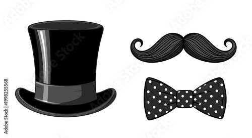 Vintage Top Hat, Mustache, and Bowtie - Gentleman's Accessories Set