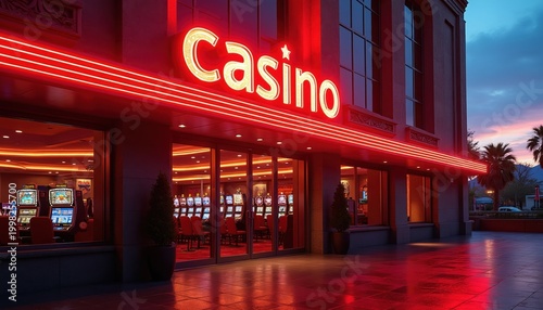 Exterior view of casino building with bright neon sign. Slot machines visible through large glass doors at dusk. Palm trees and mountains in background.