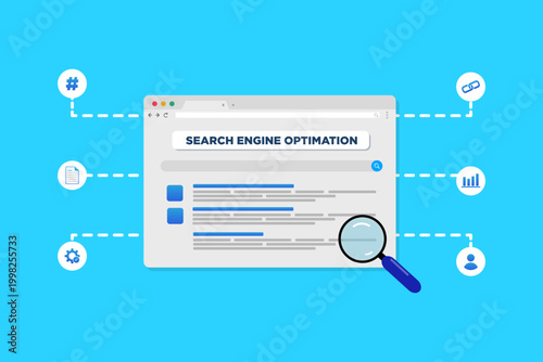 Search engine optimization concept displayed on a browser. Magnifying glass highlights key ranking elements. Icons show tools like links, analytics, and settings