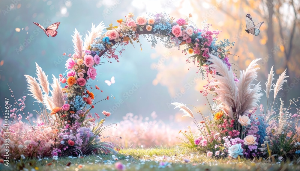 Fototapeta premium Enchanting floral archway in a dreamy meadow, butterflies fluttering around.