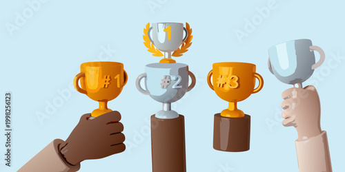 Three hands holding golden and silver trophy cups first second and third place