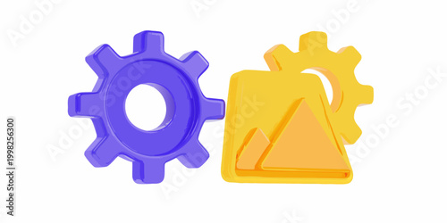 3d rendered gears blue and yellow isolated on white background