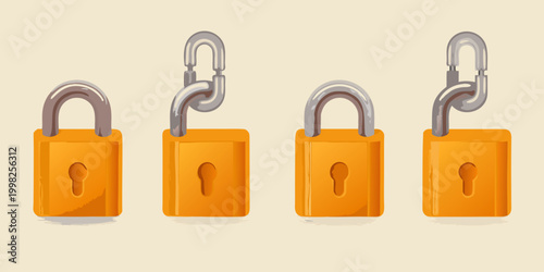 Four 3d rendered padlocks locked and unlocked on white background