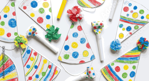 Create a realistic Hand drawn birthday party hats and doodle party blowers horns set Childish, kids design elements with colorful dots and stripes vector art with white background..