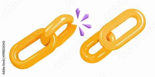 Glossy yellow chain links breaking apart illustrative style