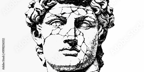Broken bust of david statue black and white stippled illustration