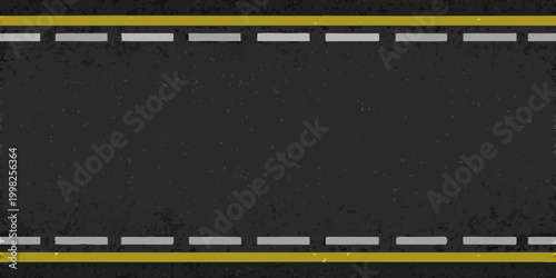 Asphalt road with yellow and white lane markings top down view