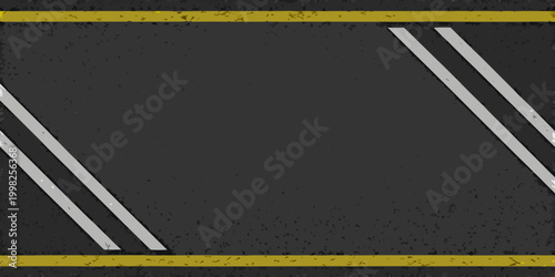 Asphalt road with lane markings and yellow lines top down view