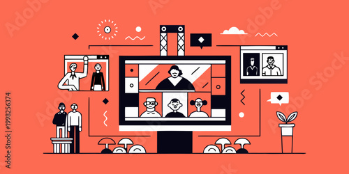 Team Video Meeting Illustration with People and Laptops