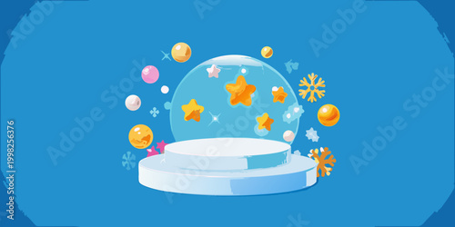 Podium with glass dome and floating stars 3d render