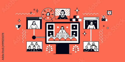 Team Video Conference Illustration with Multiple Screens and Participants