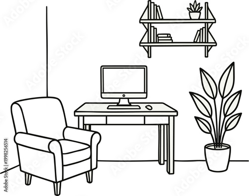 Create a realistic Home office with furniture in continuous one line drawing. Indoor household for living room with armchair and plant with shelf in simple linear style. Editable stroke. vector art.