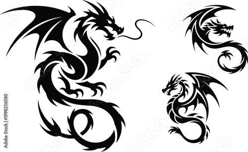 Black dragon silhouette set, fierce winged fantasy creatures, tribal tattoo style mythical beasts collection, bold decorative design elements – vector illustration