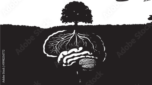Brain with Tree Growing Out of It Representing Growth and Intelligence on Black Background For Mental Health Concepts