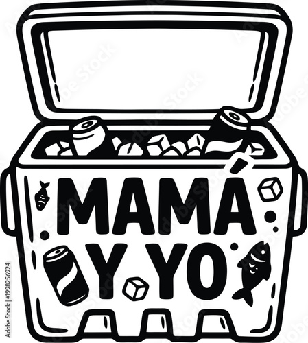 Black and white illustration of an open cooler filled with ice cubes cans and fish graphics drinks