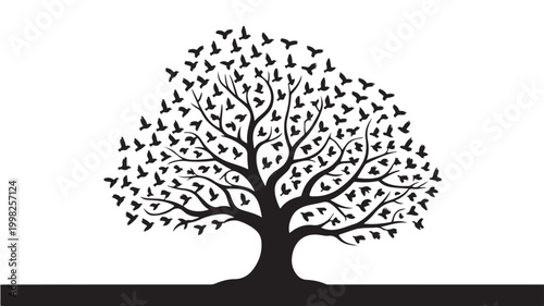 Tree Silhouette With Birds Flying Away On White Background For Freedom Concepts