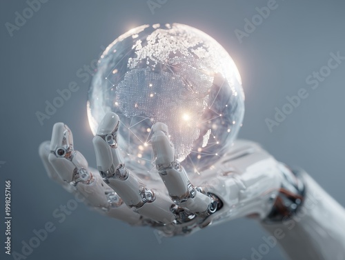 Robotic Hand Holding Digital Globe with Global Network Connections