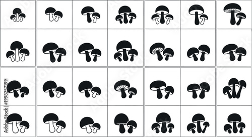 Collection of black mushroom with solid fill and outline variations fungi silhouette white
