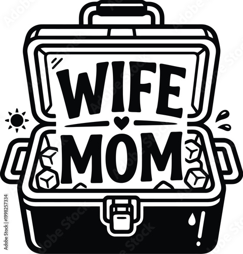 Black silhouette of an open cooler filled with ice and the words WIFEMOM ice chest portable refrigerator