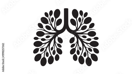 Black Silhouette Of Human Lungs With Leaves For Health And Wellness Concepts Isolated On White