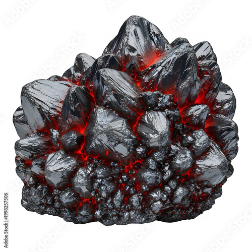 Detailed cluster of dark gray and red crystals forming a rugged texture