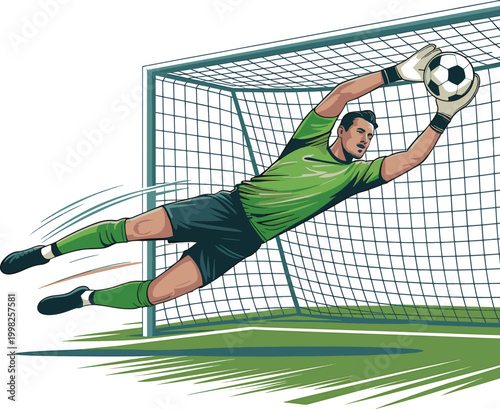 Cartoon goalkeeper diving to save a soccer ball in front of goal