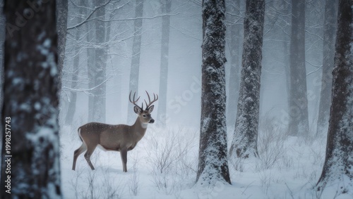 A majestic deer stands in a snowy, foggy forest amongst bare winter trees