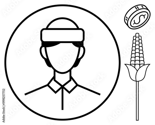 Agriculture, economy, farming, agribusiness, crop production, rural livelihoods. Outline of a farmer, corn stalk and coin. Agriculture and economy concept visually